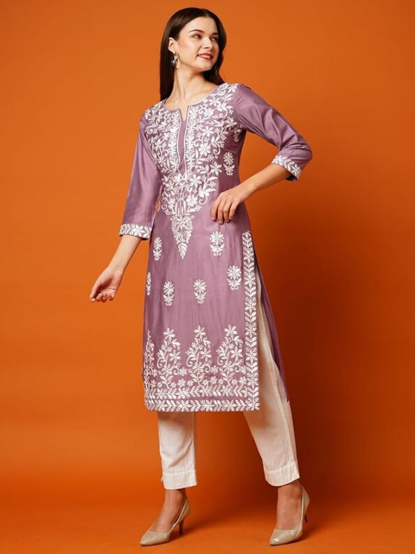 GoSriKi Women's Cotton Blend Straight Chikankari Embroidered Kurta - Image 2