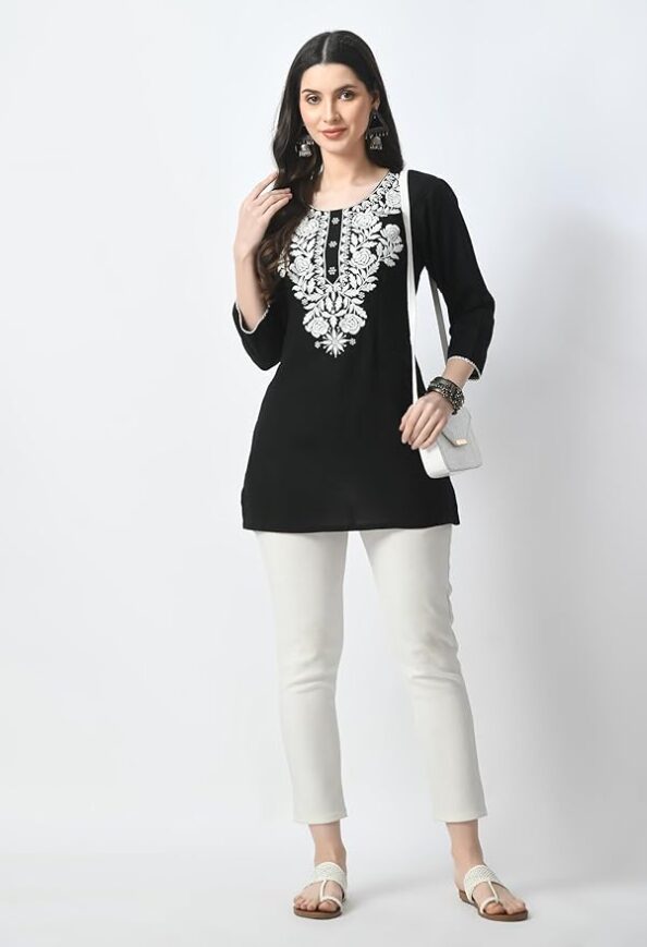 LIBOZA Kurti for Women - Short Chikankari Kurtis for Girls, Lakhnawi Tunic Top Kurta Design for Ladies, Woman Ethnic Kurthis & Shirt with Sleeve, Plain Straight Embroidery for Office - Image 3