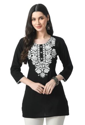 LIBOZA Kurti for Women - Short Chikankari Kurtis for Girls, Lakhnawi Tunic Top Kurta Design for Ladies, Woman Ethnic Kurthis & Shirt with Sleeve, Plain Straight Embroidery for Office