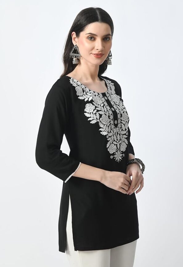 LIBOZA Kurti for Women - Short Chikankari Kurtis for Girls, Lakhnawi Tunic Top Kurta Design for Ladies, Woman Ethnic Kurthis & Shirt with Sleeve, Plain Straight Embroidery for Office - Image 2